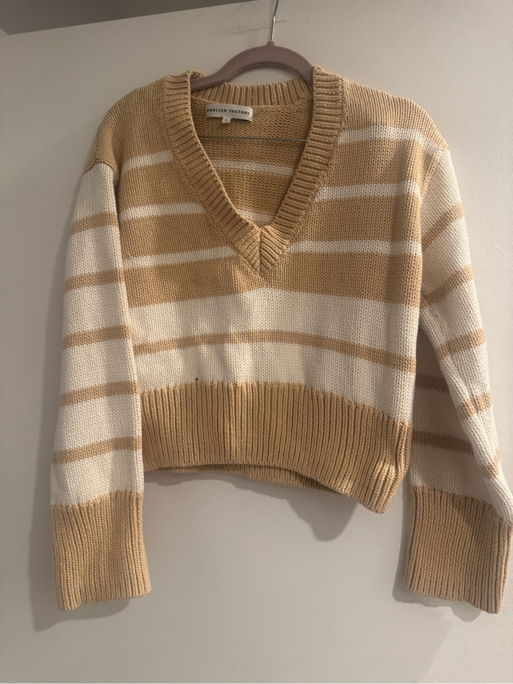 English Factory 100% Cotton Cream & Camel Striped V-Neck Sweater